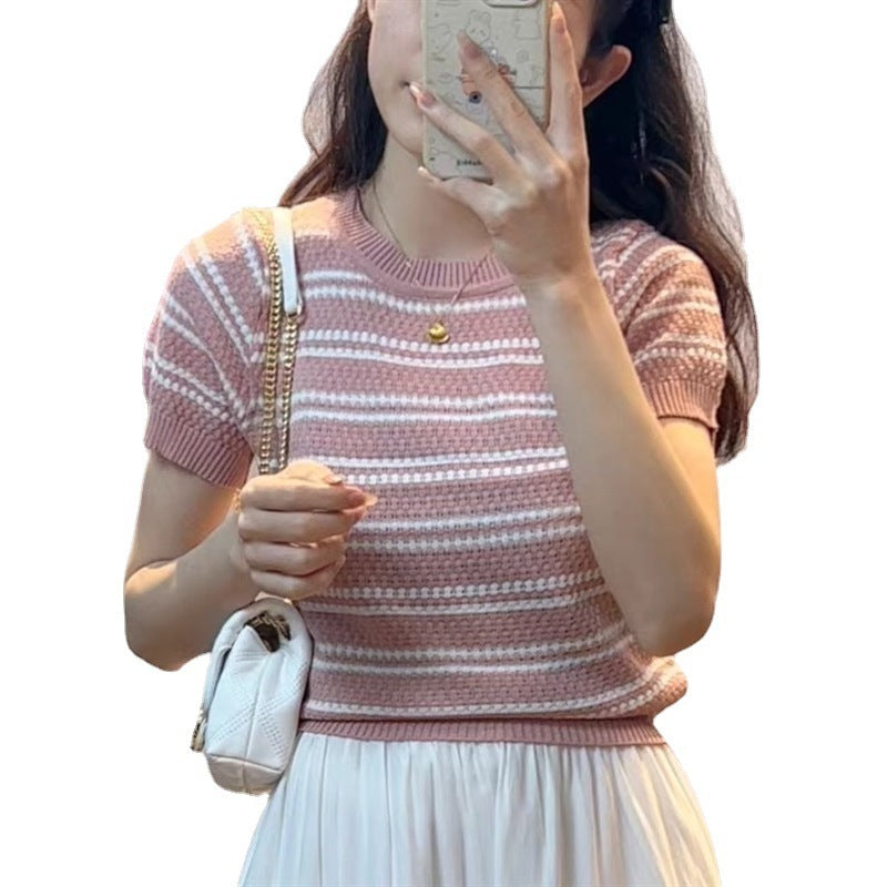 Short Sleeve Classic Style Striped Sweater Thin Design