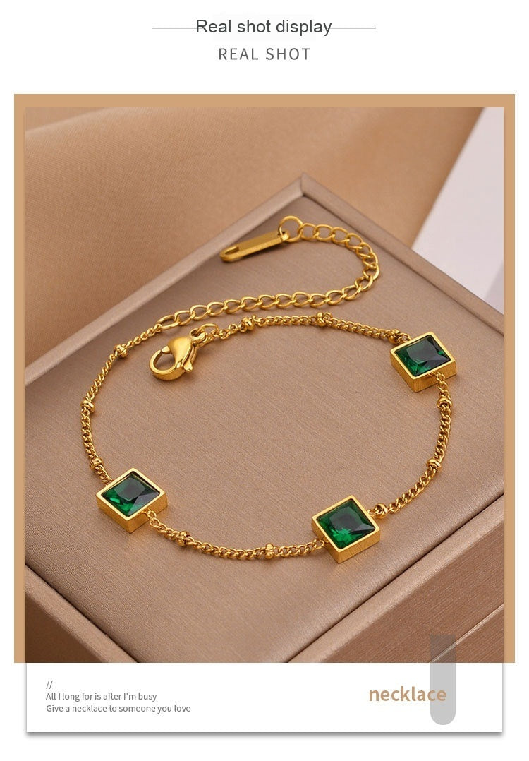 Niche Design Gold Square Emerald Zircon Titanium Steel Bracelet