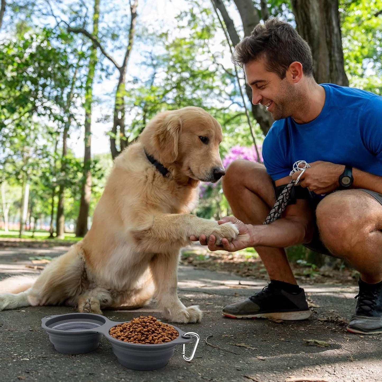 Collapsible Dog Bowls 2 In 1 Foldable Pet Food Water Bowl With Integrated Molding Double Bowl Design  Perfect For Walking Hiking And Camping With Your Dog Or Cat