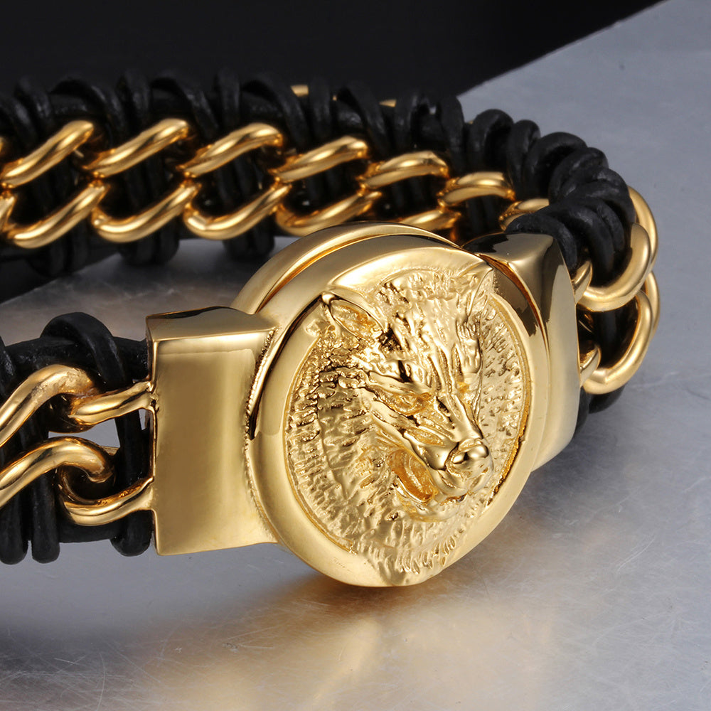 Titanium steel men's lion head gold-plated bracelet