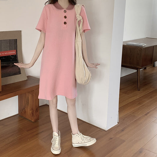 Women's Contrast Color POLO Collar Loose Slim Short Sleeve Mid Length T-Shirt Dress