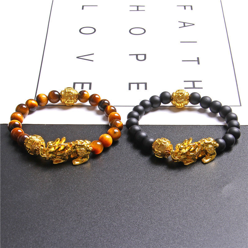 Tiger eye stone elastic brave gold plated ball bracelet