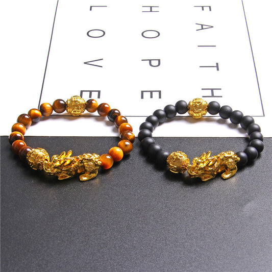 Tiger eye stone elastic brave gold plated ball bracelet