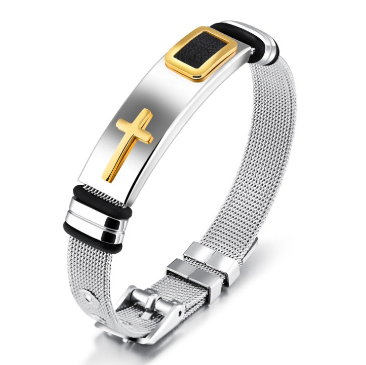 YiKLN Punk Design Cross Bracelet Bangle For Man Party Gift Stainless Steel Gold Black Colors Bracelet Adjustable Chain OGH878