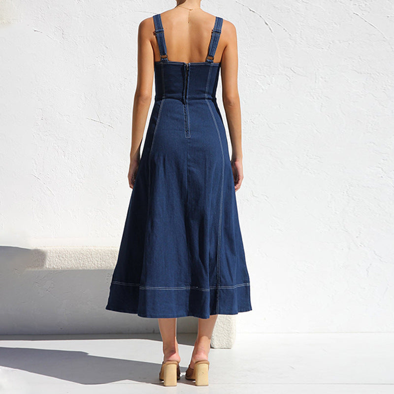 Cross Border Amazon Independent Station Sling Distressed Casual Style Button Denim Long Dress