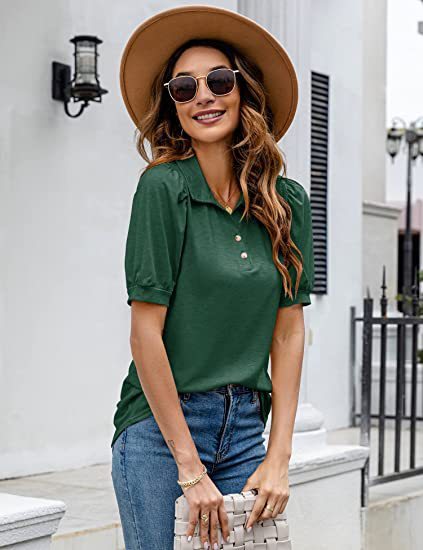 Polo Shirt Button Down Neck Puff Sleeve Loose T Shirt Shirt