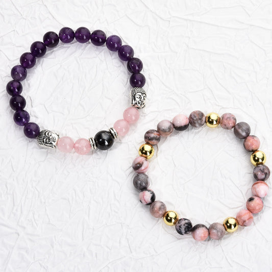 Amazon New Pink Crystal Bracelet Women's Handmade Red Agate Tiger Eye Blue Gold Mixed Color Beaded Bracelet Wholesale