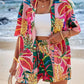 Holiday Floral Print Elegant Two-piece Shirt Short Sleeve Top Drawstring High Waist Shorts
