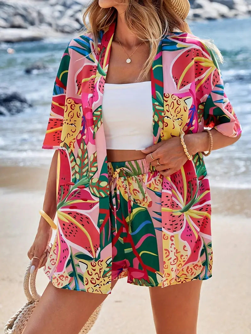 Holiday Floral Print Elegant Two-piece Shirt Short Sleeve Top Drawstring High Waist Shorts