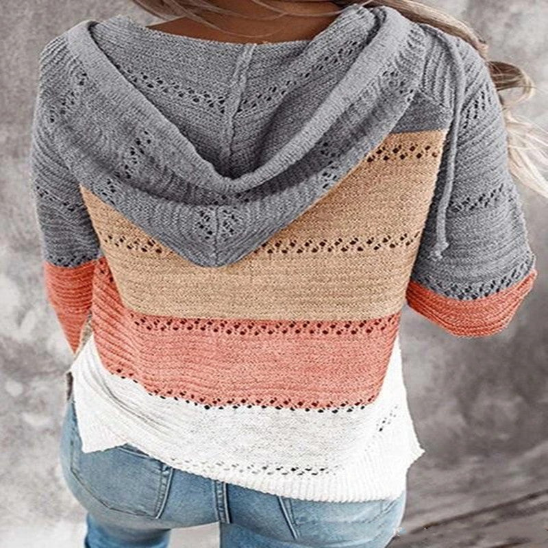 Paneled long-sleeved hooded striped zipper sweater