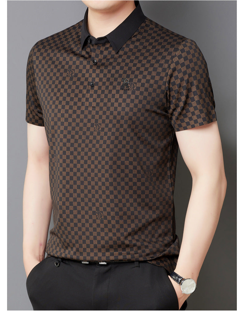 Men's Lapel Plaid Printed Seamless High Elasticity Ice Silk Short Sleeve