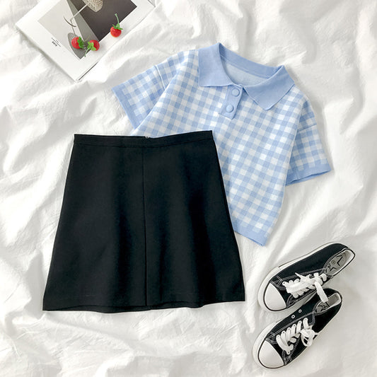 Plaid short-sleeved t-shirt polo shirt