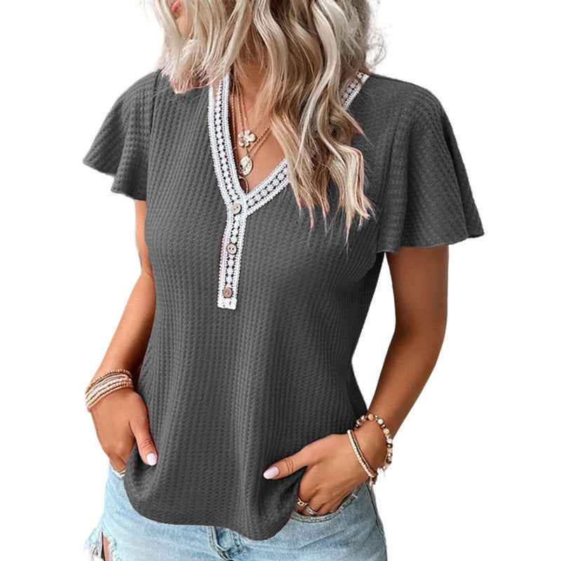 Waffle V-neck Short-sleeved T-shirt