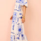 Casual Off-neck Printed Lantern Sleeve Dress