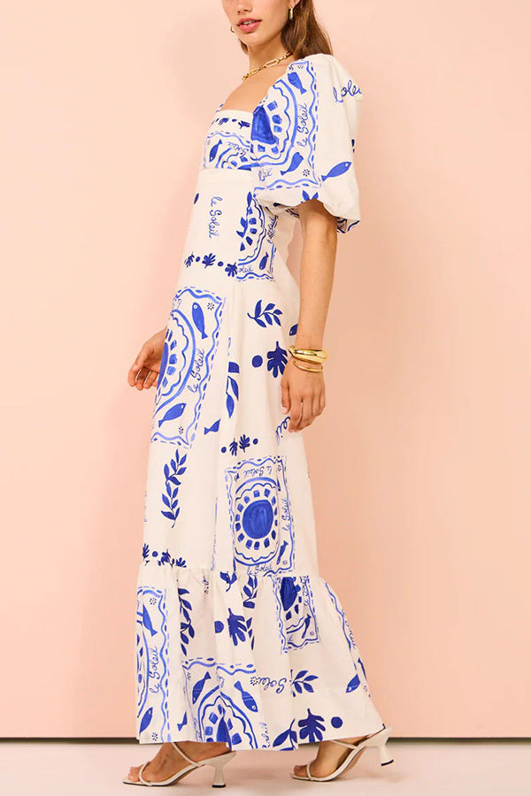 Casual Off-neck Printed Lantern Sleeve Dress