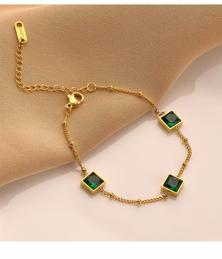 Niche Design Gold Square Emerald Zircon Titanium Steel Bracelet