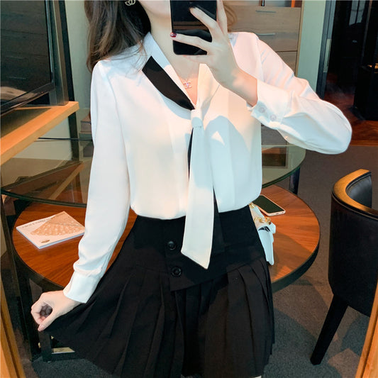 Lapel Tie Professional White Shirt Female Design Sense Shirt Chiffon Shirt