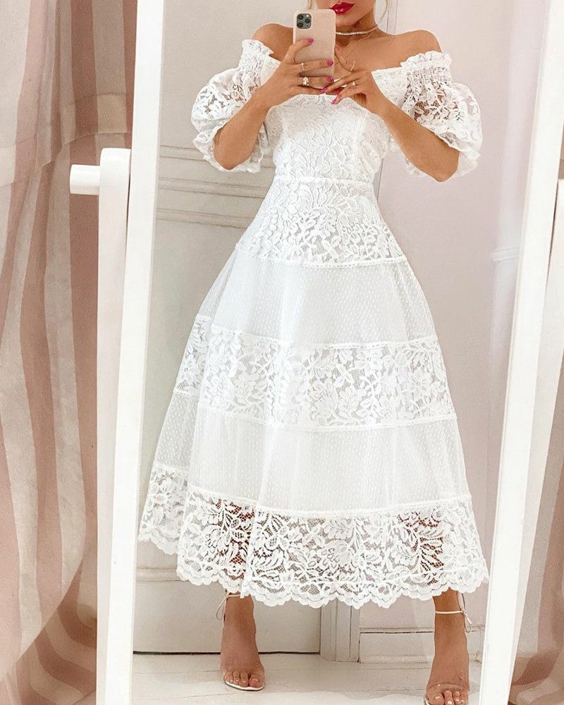 V Neck Lace Stitching Large Hem Long Skirt Puff Sleeve Temperament Dress