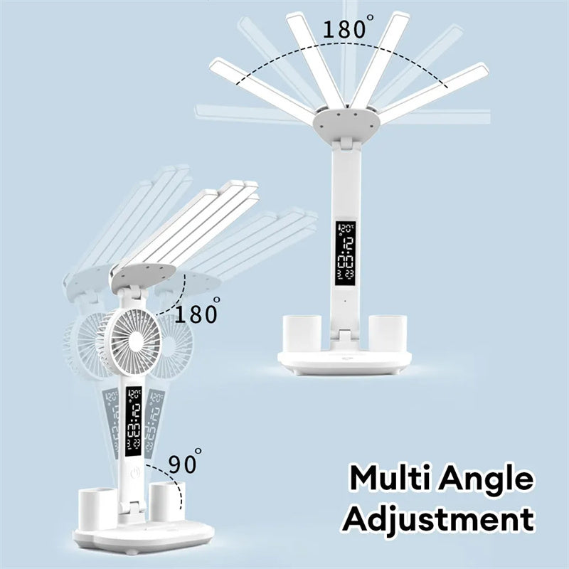 3in1 Multifunction Table Lamp LED Four-headed Folding With Fan Calendar Clock USB Rechargeable Desk Light 3 Color Reading Lamp