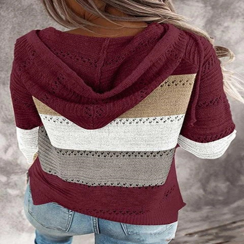 Paneled long-sleeved hooded striped zipper sweater