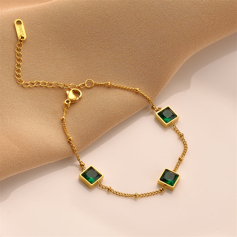 Niche Design Gold Square Emerald Zircon Titanium Steel Bracelet