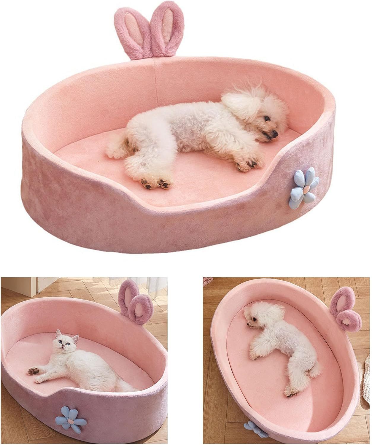 Cute Princess Dog Bed Pink Pet Bed Detachable Washable Dog Sleeping Bed Rabbit Ear Calming Dog And Cat Bed Soft Comfortable Warm Cat Bed For Small Medium Sized Breed Four Seasons