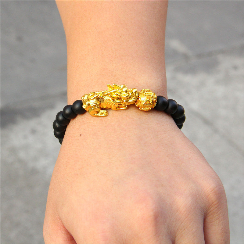 Tiger eye stone elastic brave gold plated ball bracelet