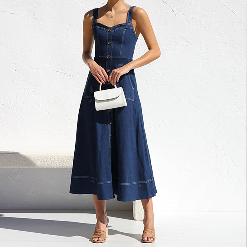 Cross Border Amazon Independent Station Sling Distressed Casual Style Button Denim Long Dress