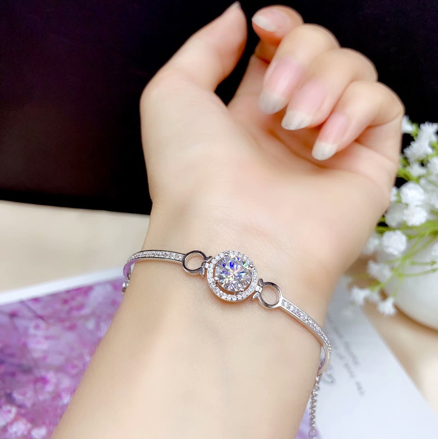 Silver Plated 18K White Gold Bracelet Chain Hollow Moissan Diamond Style
