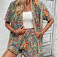 Holiday Floral Print Elegant Two-piece Shirt Short Sleeve Top Drawstring High Waist Shorts