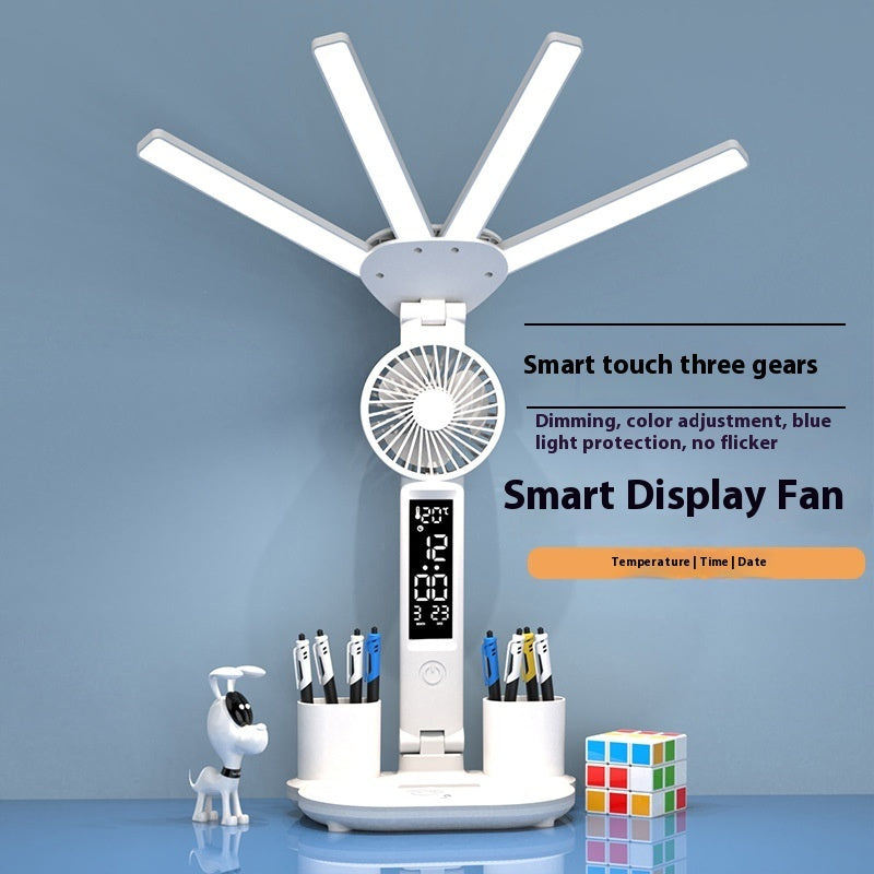 3in1 Multifunction Table Lamp LED Four-headed Folding With Fan Calendar Clock USB Rechargeable Desk Light 3 Color Reading Lamp