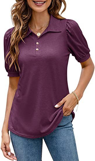 Polo Shirt Button Down Neck Puff Sleeve Loose T Shirt Shirt