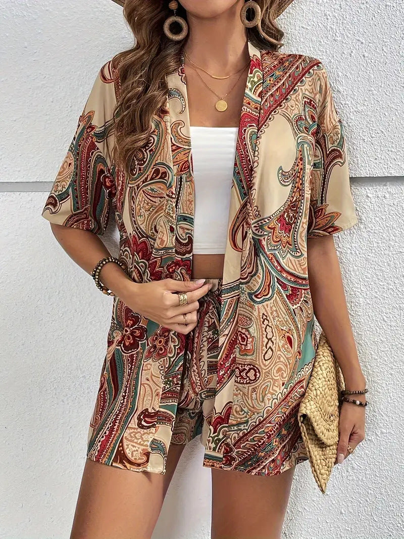 Holiday Floral Print Elegant Two-piece Shirt Short Sleeve Top Drawstring High Waist Shorts