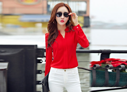 autumn new women's shirt white shirt V-neck slim long-sleeved chiffon shirt