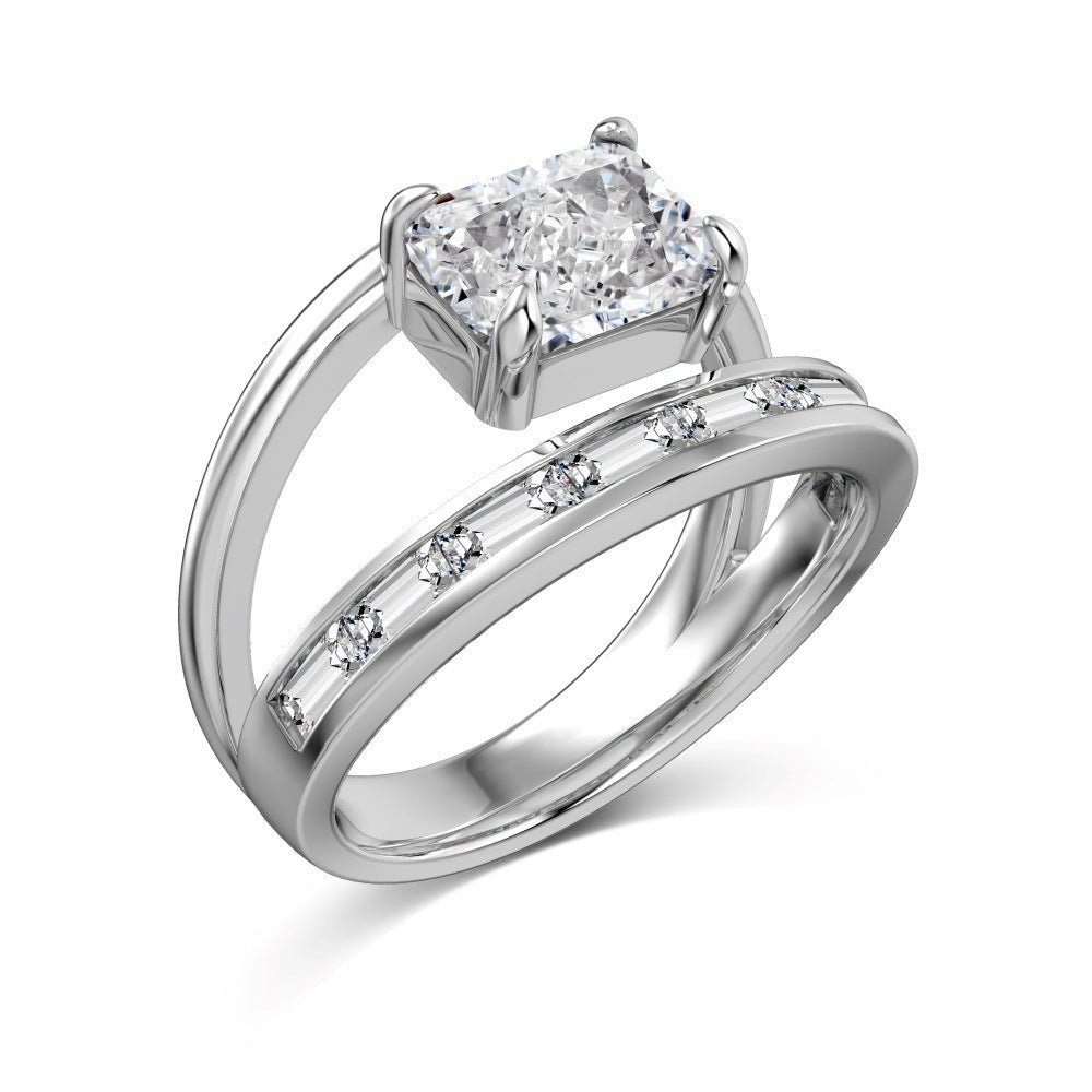 Silver S925 White Rectangular Ice Flower Cut 8A White Rectangular Zircon Double-layer Ring