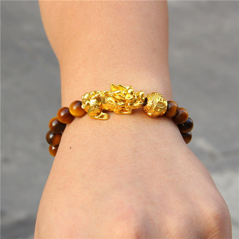 Tiger eye stone elastic brave gold plated ball bracelet