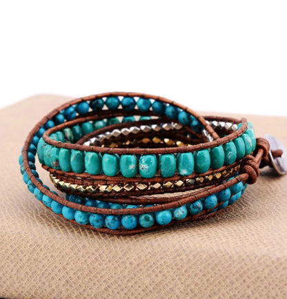 Bohemian Style Cut Angle Turquoise Bracelet Ornament Three-layer Winding Handmade Woven Leather String Bracelet