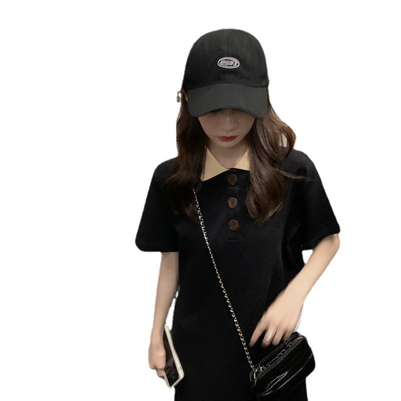 Women's Contrast Color POLO Collar Loose Slim Short Sleeve Mid Length T-Shirt Dress