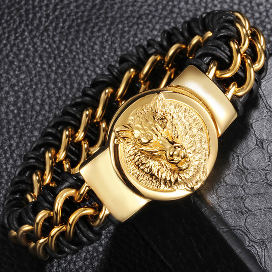 Titanium steel men's lion head gold-plated bracelet