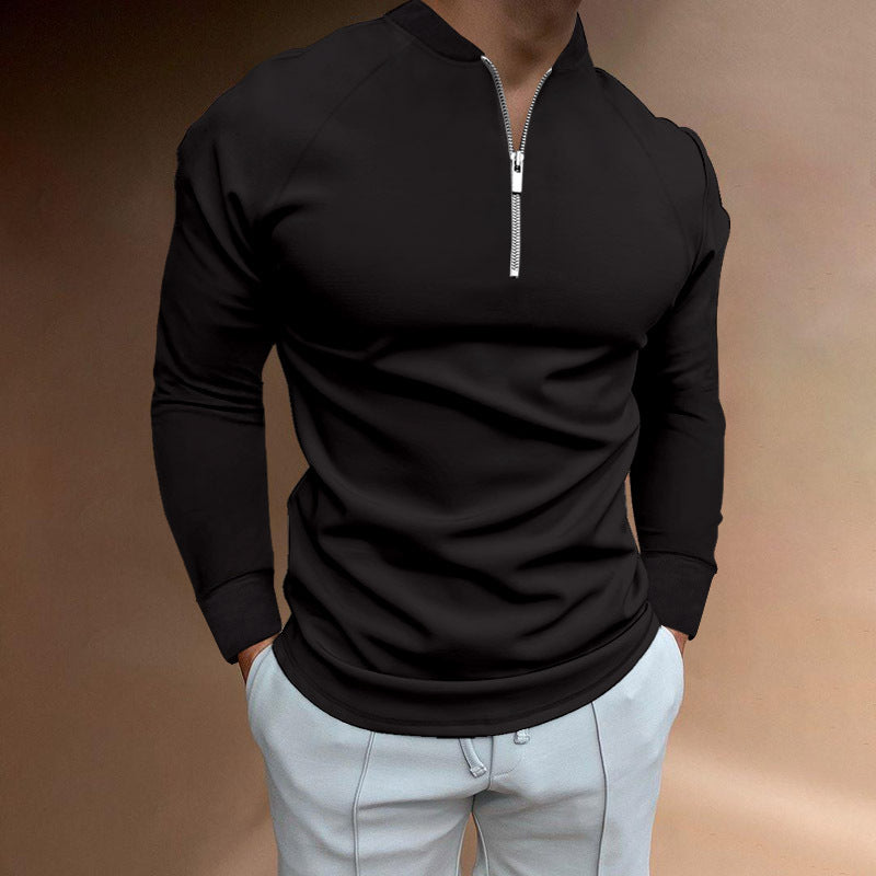 European And American Autumn Solid Color Zipped Round Neck Slim Polo Shirt T-shirt