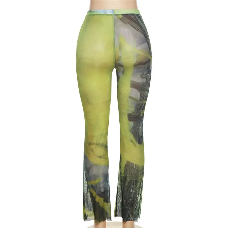 Printed Mesh Flare Leg Pants