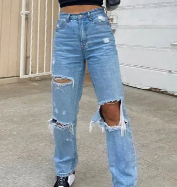 Baggy Denim Pants with Ripped Holes