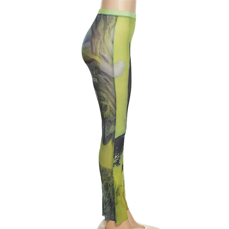 Printed Mesh Flare Leg Pants