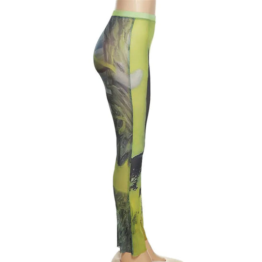 Printed Mesh Flare Leg Pants