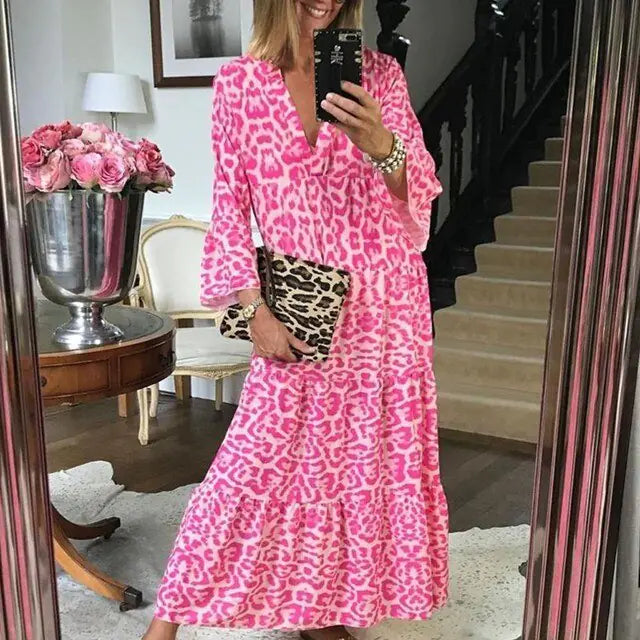 Pink Leopard Long Dress Autumn