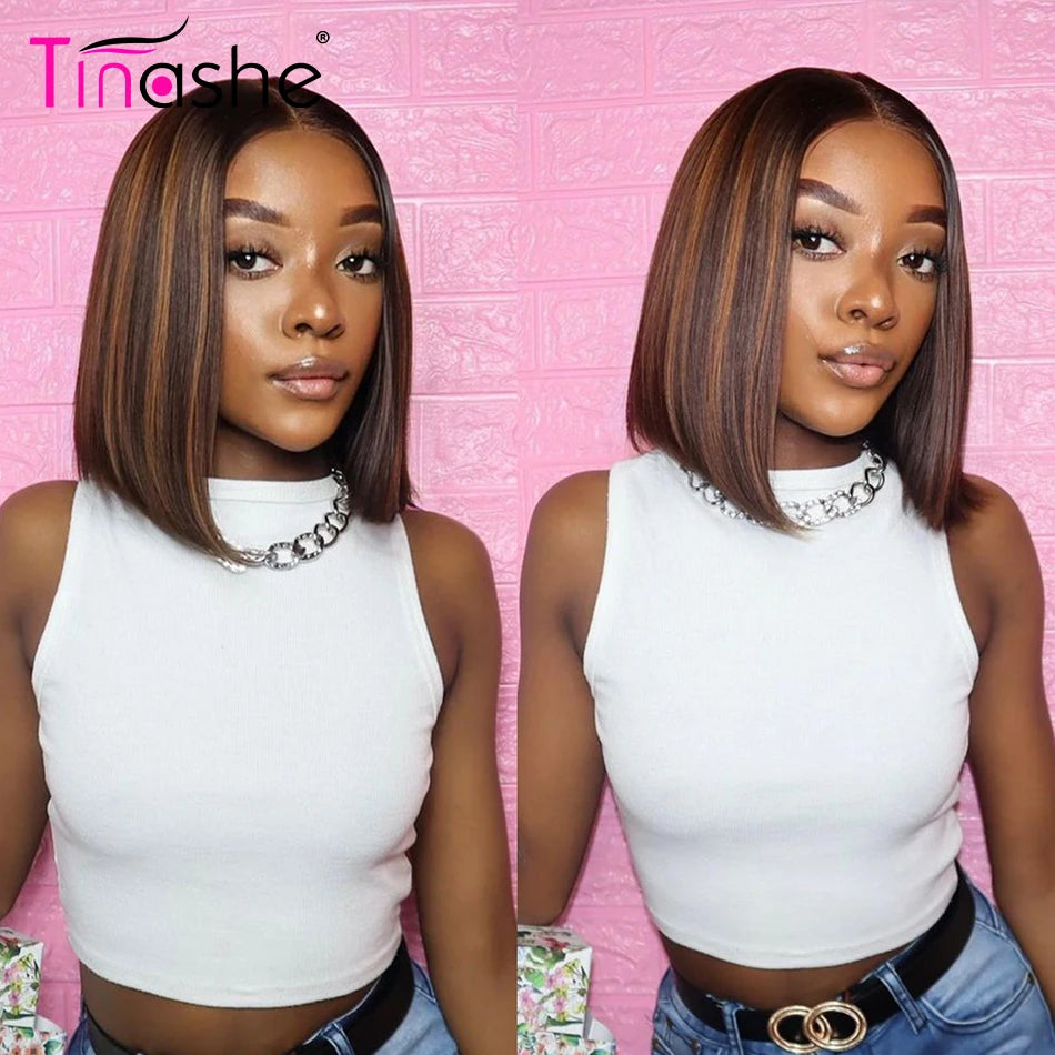 Tinashe Wear & Go Glueless Wig Human Hair Pre-Bleached Knots 1b/2/30 Highlight Straight Bob Wig Pre-Cut 5x6 Lace Closure Wig