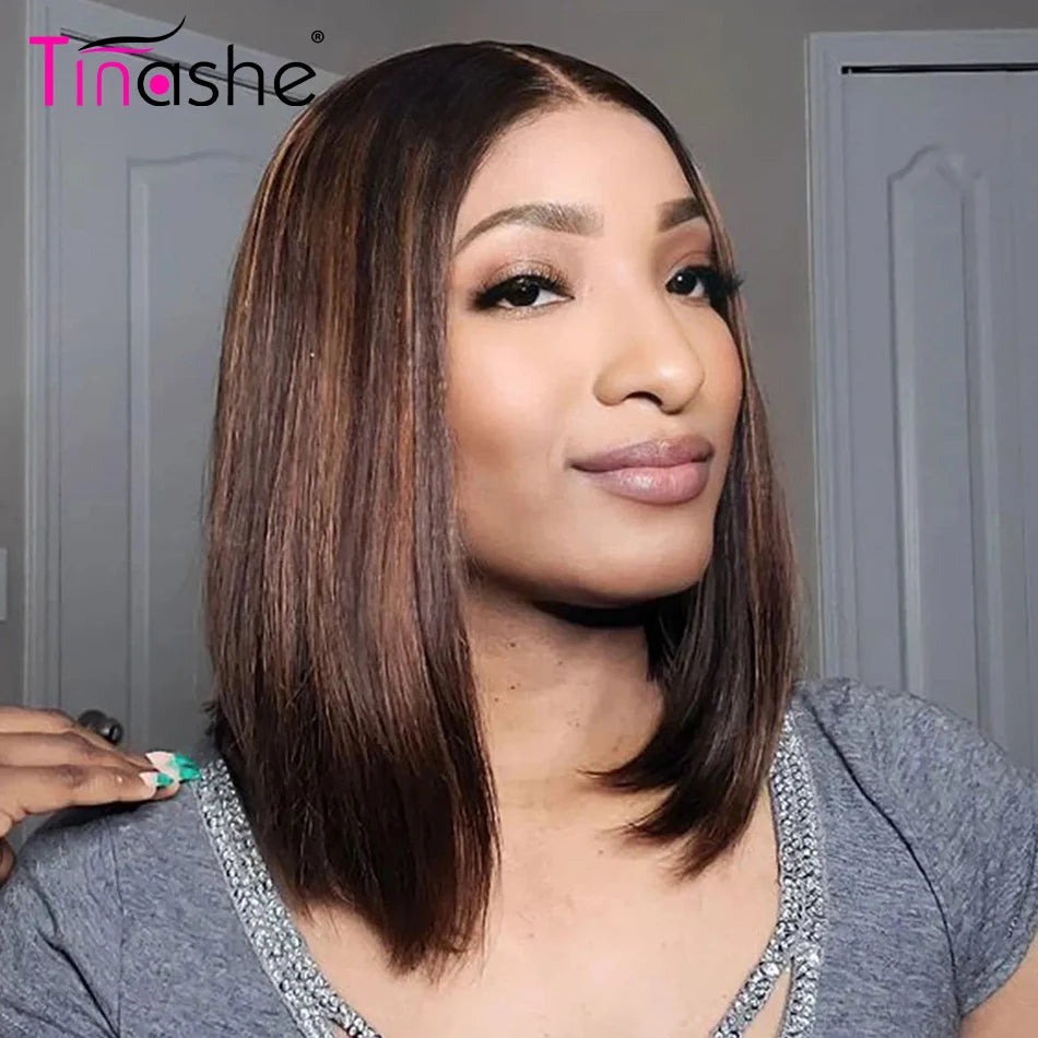 Tinashe Wear & Go Glueless Wig Human Hair Pre-Bleached Knots 1b/2/30 Highlight Straight Bob Wig Pre-Cut 5x6 Lace Closure Wig