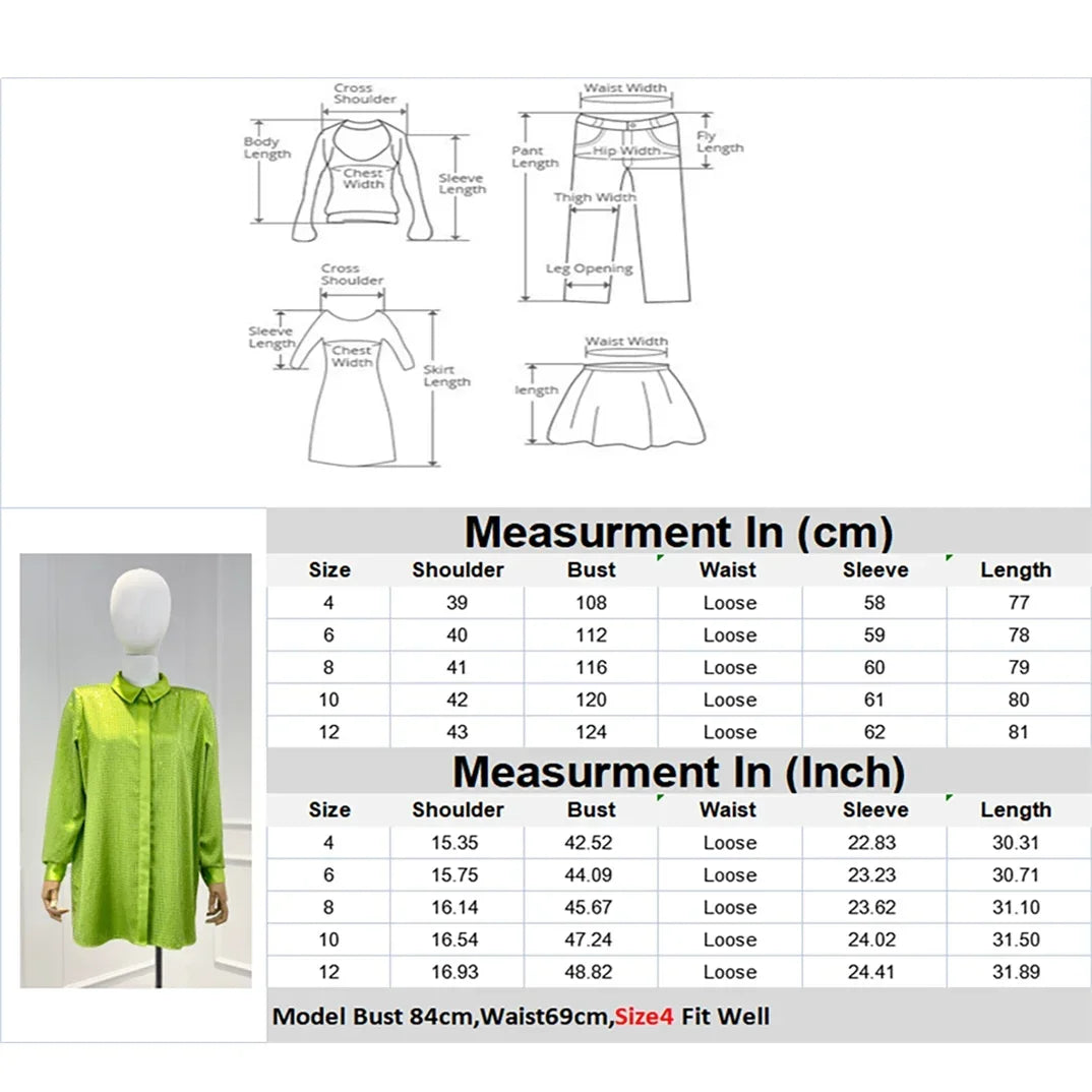 2023 New Autumn Winter Top Quality Vintage Green Diamonds Glued Long Sleeve Loose Blouse Women Clothing