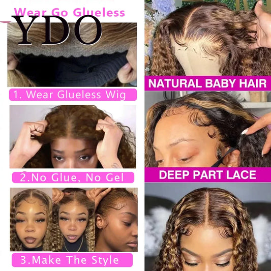 Glueless 6x6HD Lace Wigs Highlight Curly HD Lace Frontal Wig Water Wave 4/27 Highlight Colored Wear Go HD Lace Wigs For Women