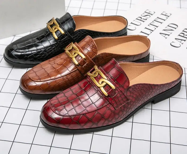 Crocodile Pattern Leather Mules Slippers for Men